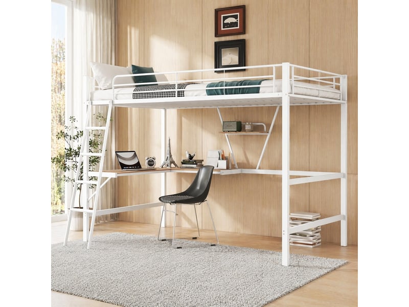 Lit mezzanine 200×90 cm avec bureau en l, étagère, garde-corps et échelle, sans matelas, en métal blanc - Conforama B