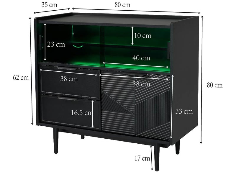  Meuble de rangement avec portes coulissantes en verre, niches ouvertes et led réglable, pour salon, mdf noir  - Conforama D