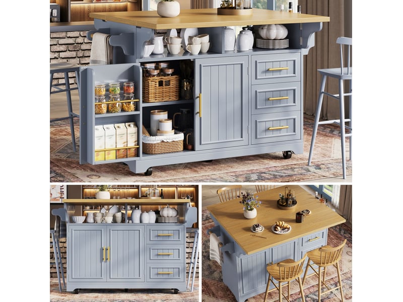  Desserte de cuisine 120x4080x95 cm, plan extensible, portes à motif vertical, 3 tiroirs, roulettes, mdf métal, bleu  - Conforama D