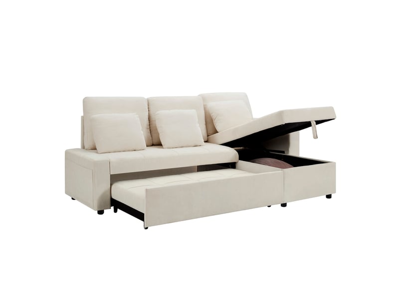 Canapé d'angle convertible 3 places en chenille avec coffre, porte-gobelets et étagère, gris - Conforama A