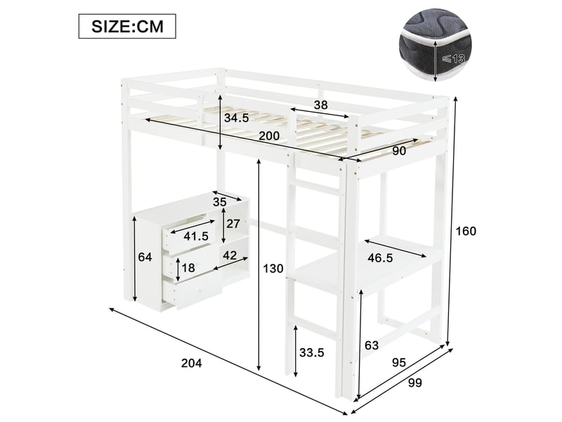  Lit mezzanine enfant 90x200 cm, bureau, armoire à tiroirs, avec rangement, structure de lit, mdf, blanc, sans matelas  - Conforama C