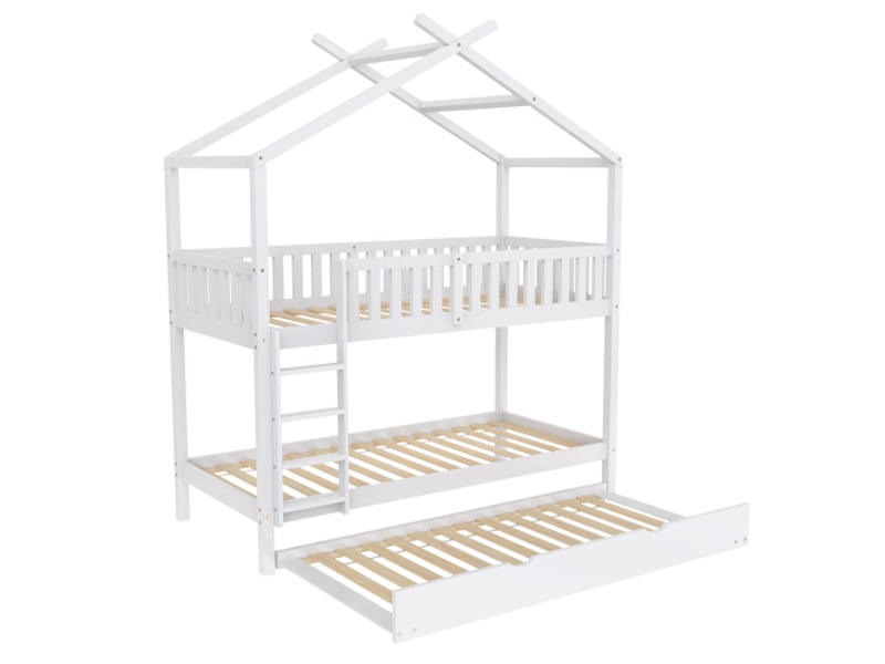  Lit superposé enfant 90x200 cm, lit cabane avec lit gigogne, en bois blanc, sans matelas  - Conforama E