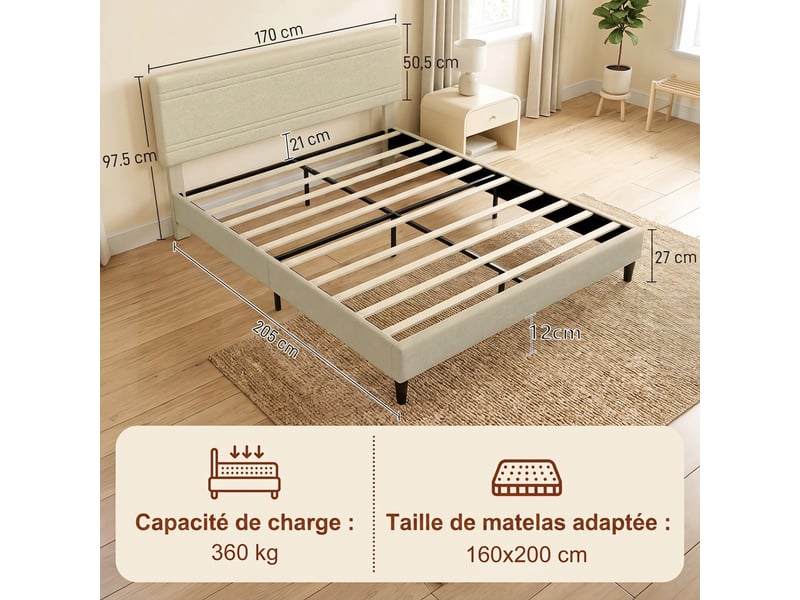  Cadre de lit 160 x 200 cm avec sommier en bois, rembourré en effet lin, cadre en acier, 9 pieds robustes, beige  - Conforama C