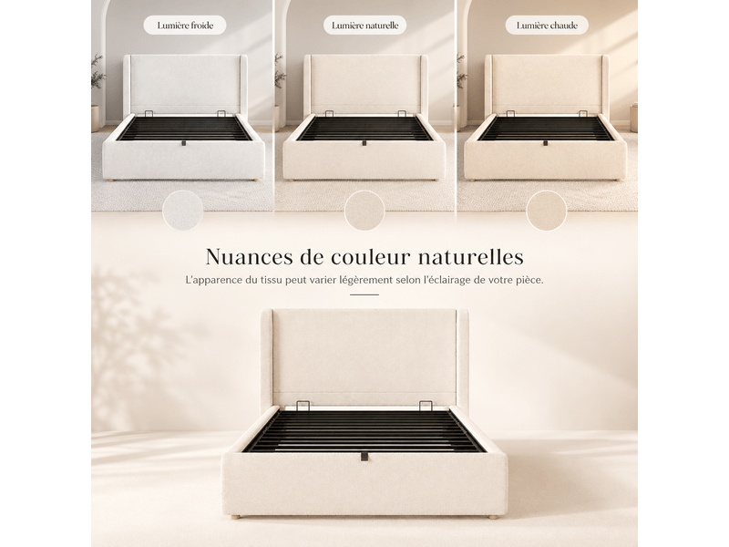  Lit enfant 90 x 200 cm avec led, usbusb-c et coffre hydraulique - lit rembourré avec sommier à lattes et tête de lit enveloppante en bouclé beige Fay Lum - Conforama W