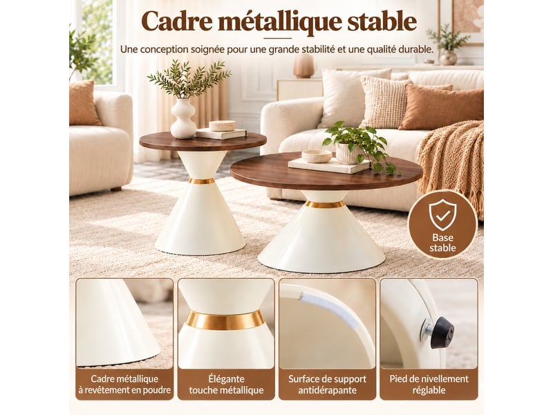  Lot de 2 tables basses rondes, plateau en mdf aspect noyer, structure en métal blanc crème et accents dorés, ø 7050 cm.  - Conforama D