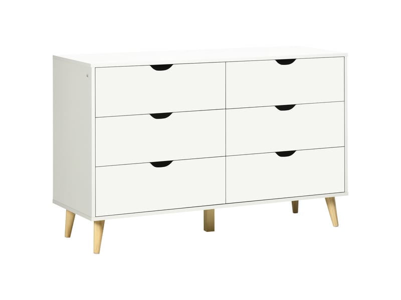  Commode à 6 tiroirs avec poignées stratifiées, en pin, 120 x 40 x 76 cm, coloris blanc et bois.  - Conforama A