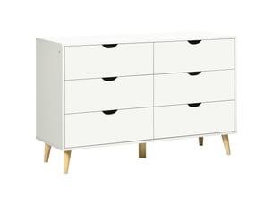 Commode à 6 tiroirs avec poignées stratifiées, en pin, 120 x 40 x 76 cm, coloris blanc et bois.