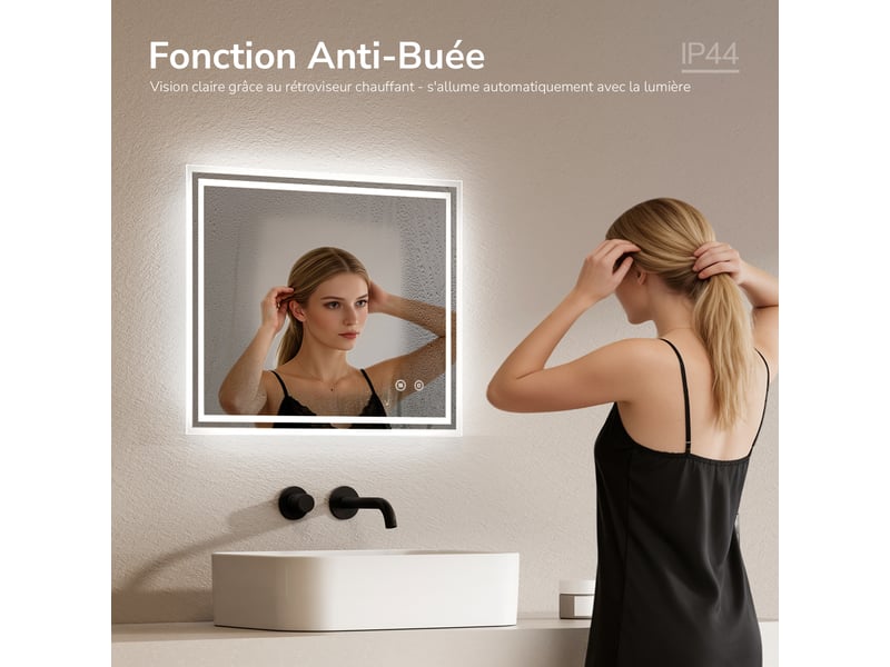 Emke miroir lumineux salle de bain 50x60cm, miroir led avec l'éclairage, interrupteur tactile, anti-buée, lumière blanche froide - Conforama C
