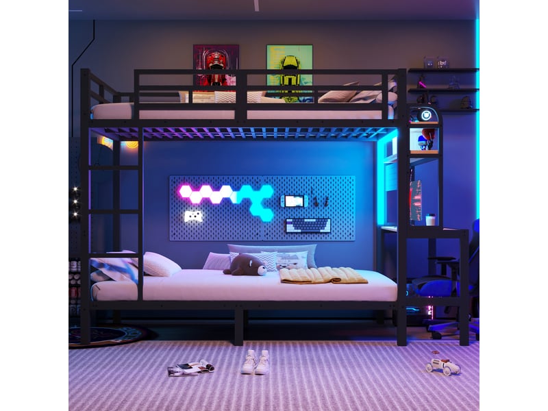  Lit superposé 90x200 cm, lit enfant, rangement, bureau, échelle sécurisée, barrière antichute, bois et métal noir  - Conforama W