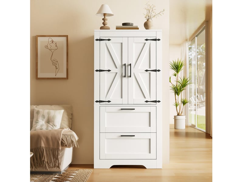 Buffet cuisine blanc 60x30x128 cm, meuble rangement salle à manger avec tiroirs et étagères réglables style grange - Conforama B