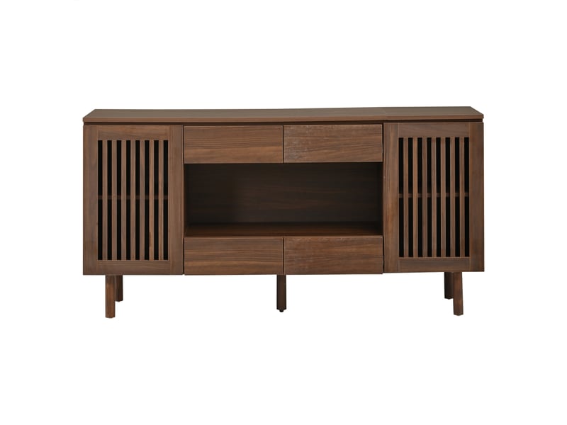  Buffet de rangement couleur noyer 140 x 35 x 71 cm, 4 tiroirs, 2 portes à lattes  - Conforama A