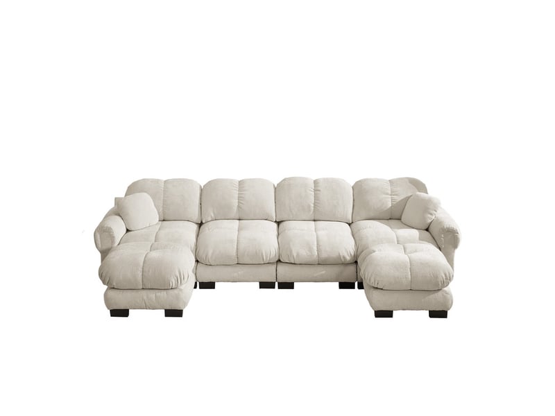  Canapé modulable en u 4 places avec deux ottomanes en tissu beige  - Conforama A