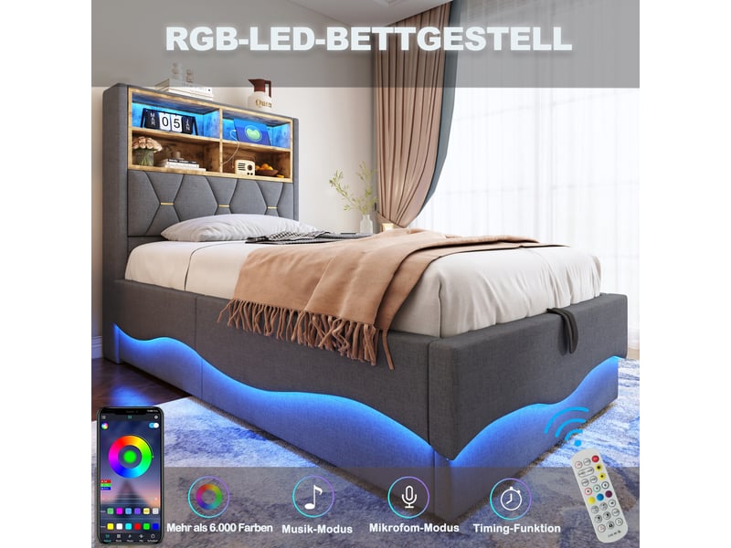  Lit pour enfant 90×200 cm, coffre relevable hydraulique, bandeau led pilotable, port usb, métal et lin gris  - Conforama D