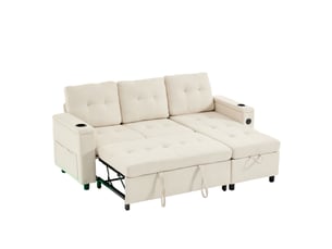 Canapé d'angle convertible 3 places beige en tissu avec coffre de rangement intégré et pieds en bois massif