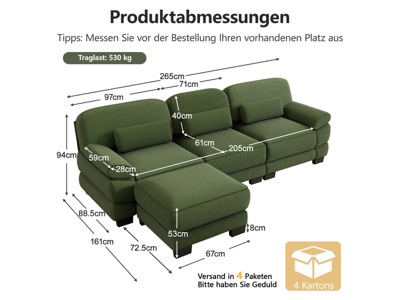 Canapé d'angle modulable - 3 places - forme l - 1 ottoman - coussins lombaires - velours côtelé - mobilier de salon - vert CozyNest - Conforama D