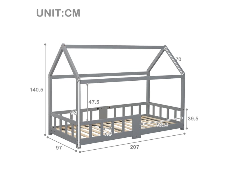  Lit cabane enfant 90x200 cm, avec tableau noir, garde-corps et sommier à lattes, structure en bois de pin, gris evarich - Conforama C