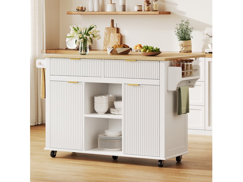  Desserte de cuisine à roulettes 143 x 4569 cm, 2 tiroirs, blanche et naturelle  - Conforama E