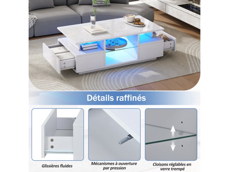  Table basse led blanche 100x50x36 cm - 2 tiroirs, fini brillant, rangement ouvert et cloison en verre - salon  - Conforama E