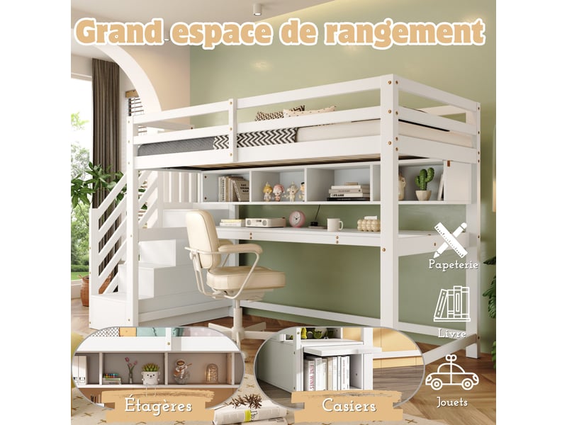  Lit superposé enfant en bois massif blanc, structure robuste avec bureau intégré et échelle de rangement sécurisée pour chambre  - Conforama W
