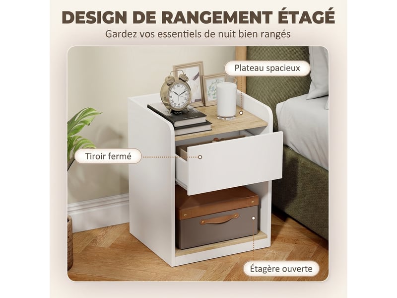  Table de chevet moderne, table de nuit avec tiroir à glissières, niche, plateau, 42x37x55cm, passe-câbles, blanc chêne  - Conforama A