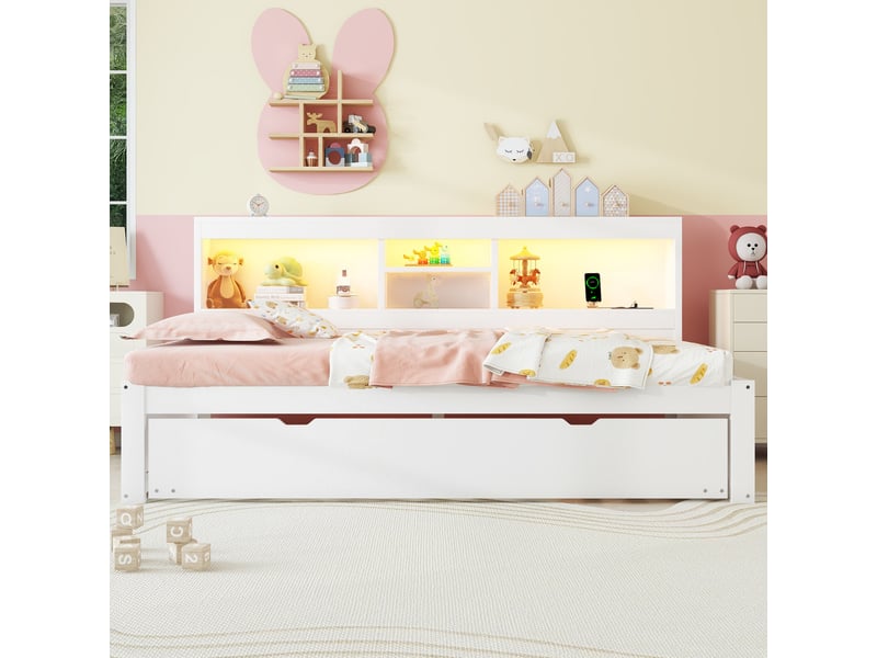  Lit banquette 90x200 avec lit gigogne blanc - éclairage led, prise usb et rangement latéral  - Conforama B