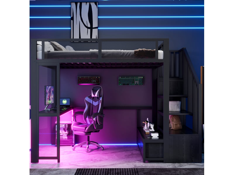 Lit mezzanine 140 × 200 cm 2 places avec bureau, 3 tiroirs, led et port usb, sans matelas, métal noir  - Conforama C