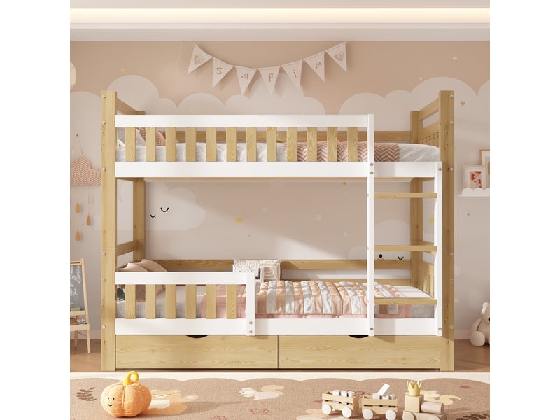  Lit superposé enfant 90 x 200 cm séparable en 2 lits simples avec échelle, garde-corps surélevé et 2 tiroirs, bois, blanc et naturel OMNIGLINT TRADING LTD - Conforama C