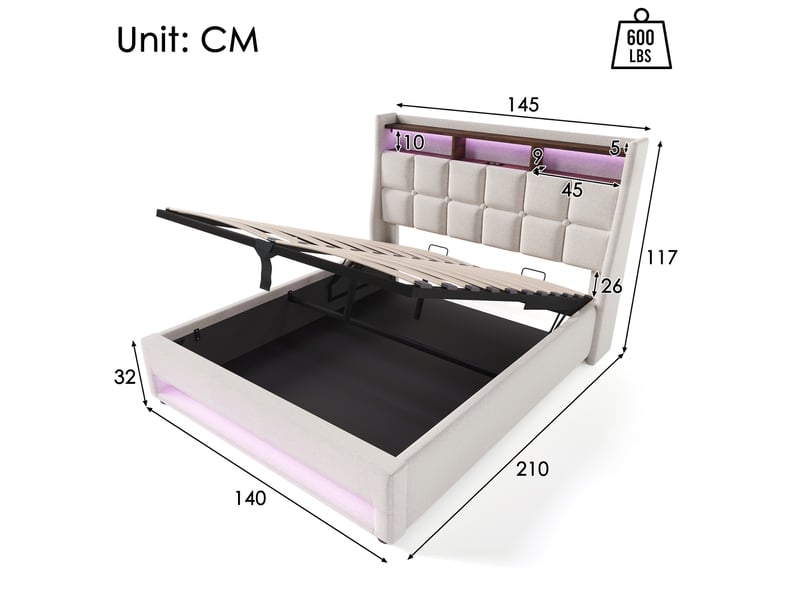  Modenvie lit coffre 140x200 cm - avec rangement, led et ports usb, matelas inclus - beige  - Conforama C
