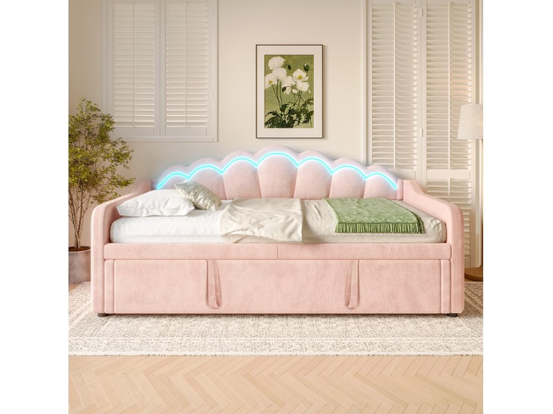 Lit gigogne canapé 90x200 cm fermé, 180x200 cm ouvert, tête ondulée, led multicolores, velours, rose, sans matelas - Conforama D