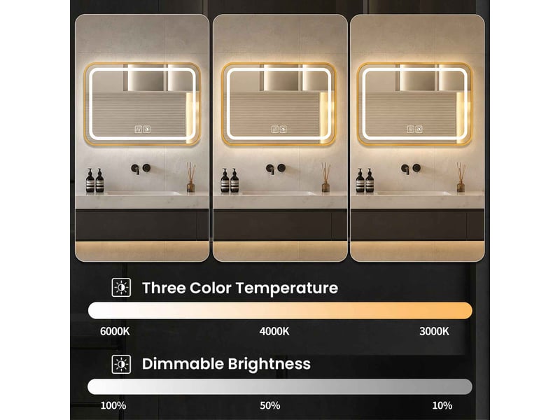 Miroir de salle de bain led 80x50 cm doré en verre sécurisé tactile anti buée 3 couleurs cri supérieur à 90 pour salle de bain et coiffeuse - Conforama E