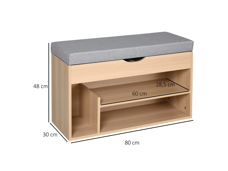 Meuble chaussures banc à chaussures 2 niveaux rangement, niche + coffre intégré avec coussin beige gris  - Conforama C