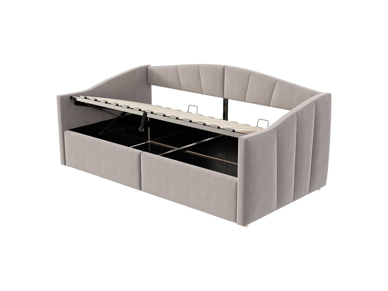  Canapé-lit 90x200, velours gris clair rayé, rangement hydraulique, accoudoirs  - Conforama E