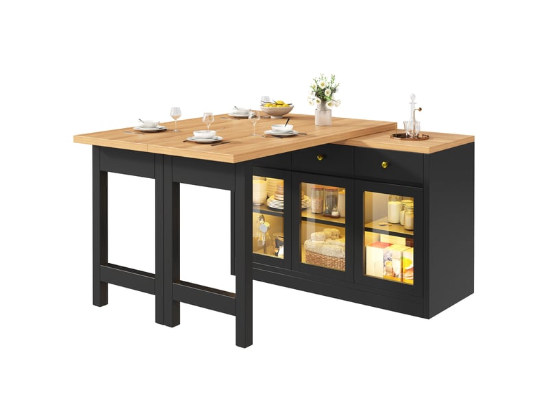 Îlot de cuisine extensible 120-200 x 40 x 75,5 cm avec éclairage led, 3 tiroirs et portes vitrées, mdf,noir evarich - Conforama A