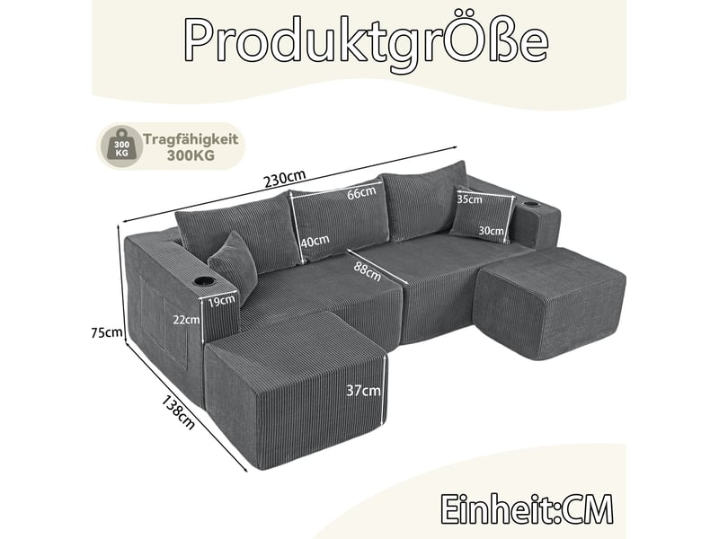  Canapé d'angle modulable 3 places en l avec ottomans gris evryae  - Conforama E