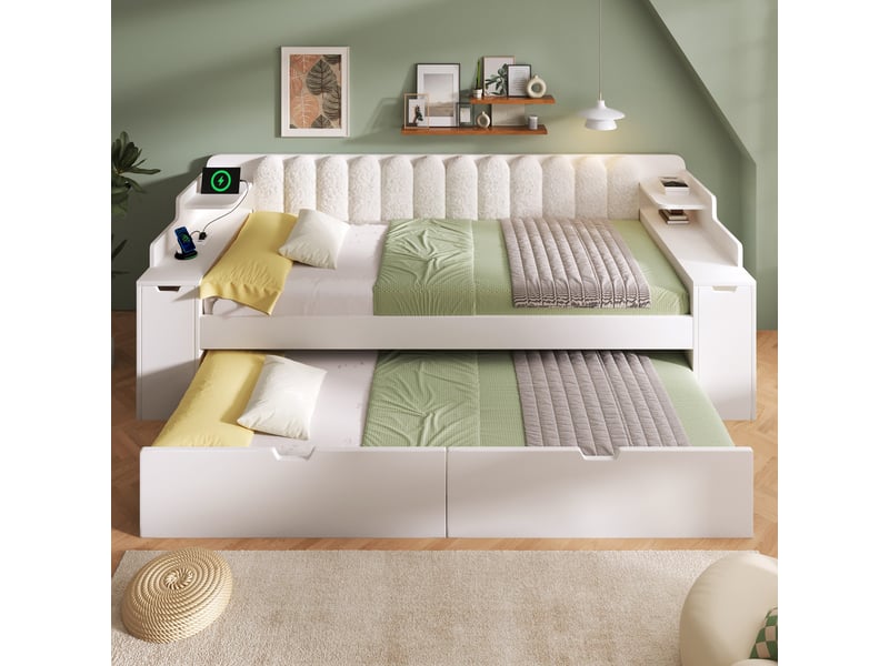  Lit gigogne 90x200 cm, couchage extractible 90x190 cm, station de charge usb-c, rangement latéral, dossier sherpa - blanc  - Conforama D