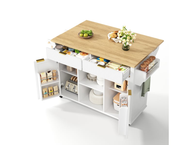 Desserte de cuisine à roulettes avec 2 tiroirs, 2 portes, plan rabattable et rangement ouvert latéral, blanc naturel - Conforama A