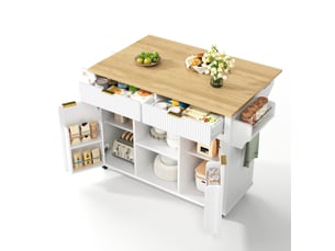 Desserte de cuisine à roulettes avec 2 tiroirs, 2 portes, plan rabattable et rangement ouvert latéral, blanc naturel
