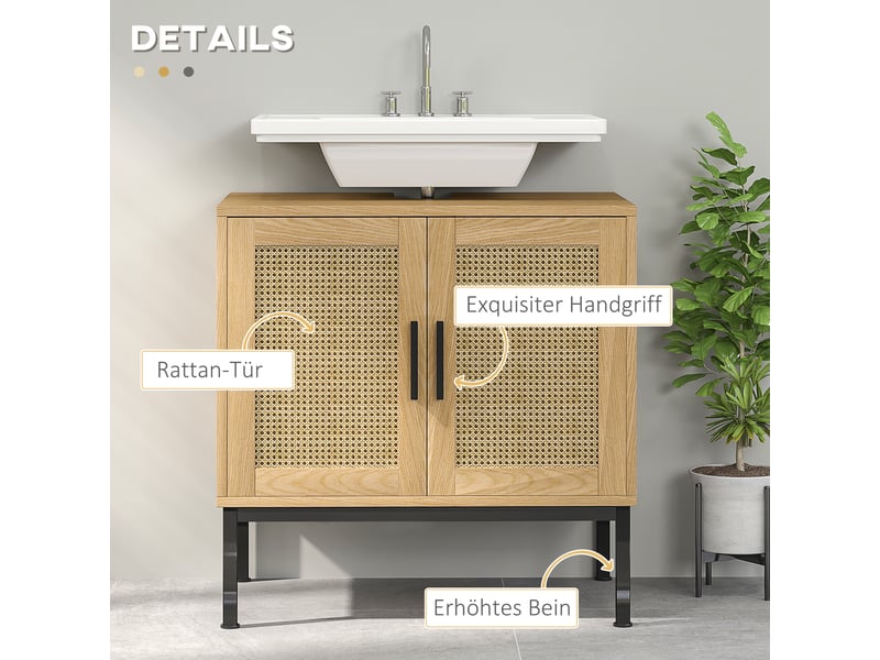 Meuble sous vasque avec 2 étagères et portes en cannage, pieds métal, salle de bain, en bois, 60×39×60 cm - Conforama E