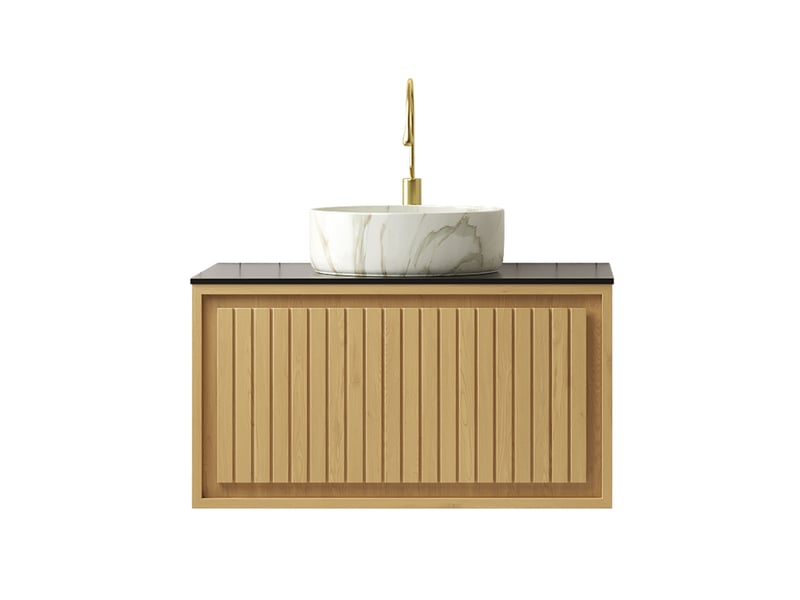  Meuble sous vasque suspendu avec 1 tiroir et plateau en pierre frittée, vasque en céramique, salle de bain, 76×48×53,1 cm  - Conforama E