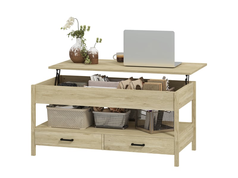  Table basse relevable, table basse avec tiroirs et compartiment caché pour salon, bureau à domicile, chêne  - Conforama A