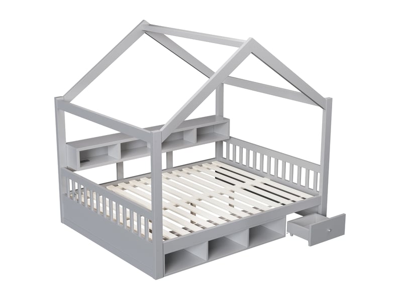  Lit à cadre en forme de toit 140x200 cm avec rangements, bois et mdf gris, sans matelas  - Conforama E