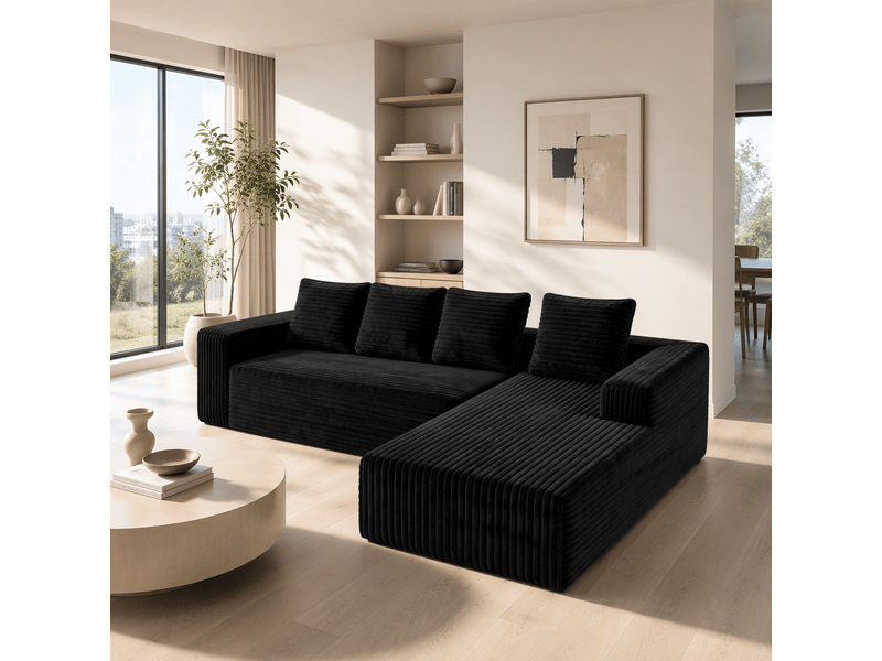 Canapé d'angle modulable 4 places avec méridienne réversible, assise profonde sans montage en velours côtelé noir - Conforama E