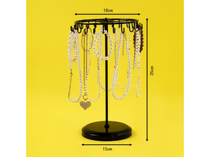 Porte bijoux rotatif en métal noir 23 crochets - h34,8 x l18 cm - tour de presentoir bijoux - porte collier bracelets bagues et boucles