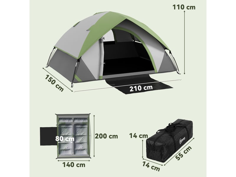  Tente dôme pour 2 personnes, légère, stable et imperméable, avec porte et fenêtre, sac de transport, gris et vert.  - Conforama E