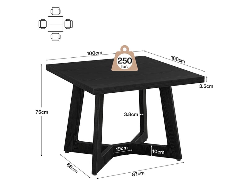 Table de salle à manger carrée noire de 100 cm pour 2 à 4 personnes, table de cuisine noire en bois avec piètement géométrique - Conforama C