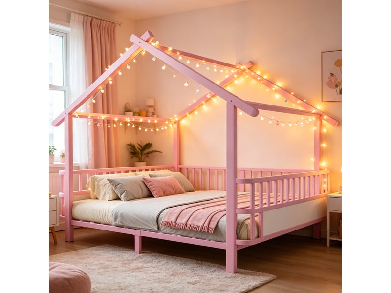  Lit enfant maison 140x200 cm, lit cabane, barrières sécurité, chambre, style contemporain, métal, rose, sans matelas  - Conforama E