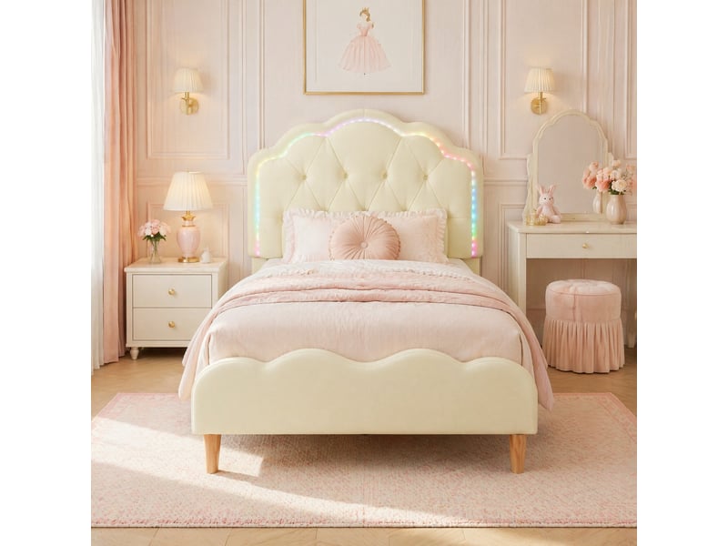  Lit simple 90x200 cm beige en pu avec led multicolores  - Conforama B