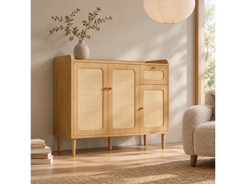  Buffet 3 portes et 1 tiroir 120 x 40 x 91 cm chêne clair avec façades en cannage  - Conforama C