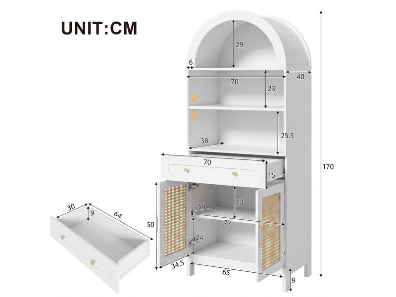 Vitrine de rangement 70 cm blanche et bois clair, portes à cannage, 3 niches et tiroir, style bohème élégant - Conforama C