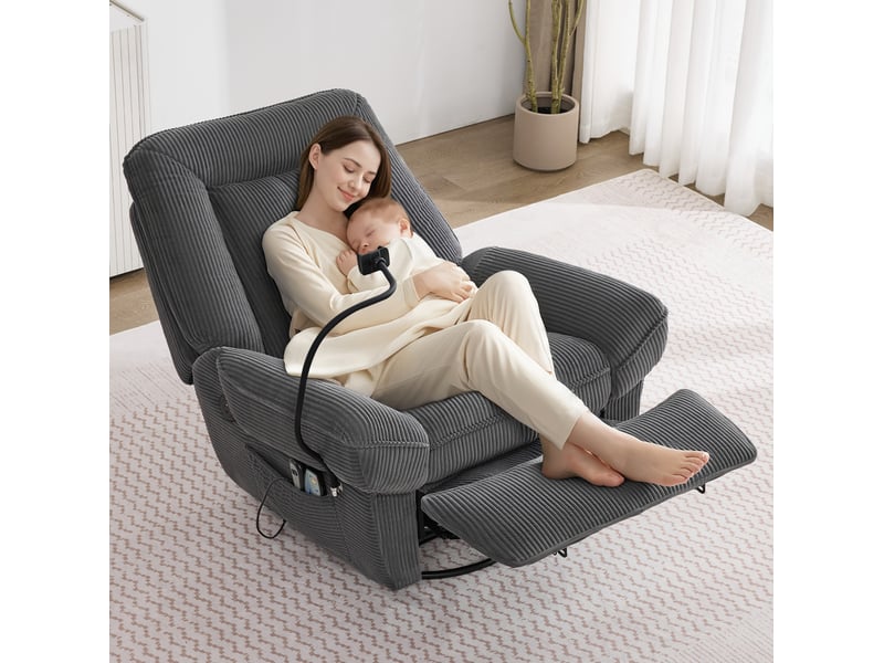  Fauteuil de relaxation électrique massant gris en velours côtelé avec chauffage, rotation 360° et usb  - Conforama B